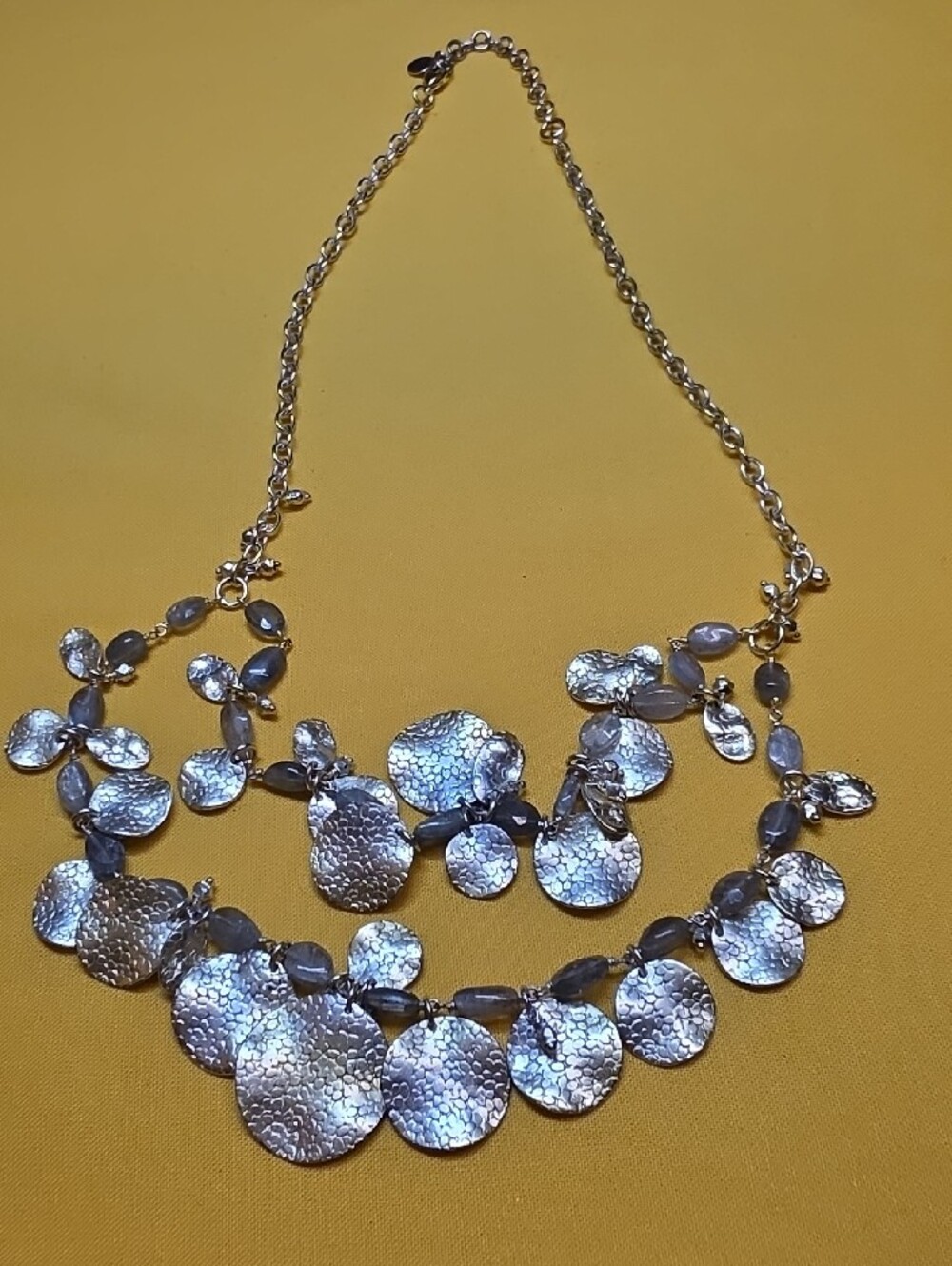 Stella & Dot Calypso Coin Necklace Silver Hammered Disc Bib Statement 17"